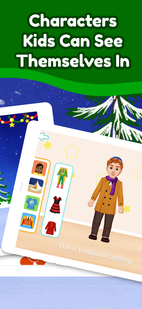 A screen from the Shoonya Kids app showing a diverse character and traditional clothing options for cultural inclusivity