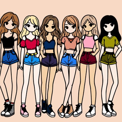 a group of girls wearing crop tops and shorts