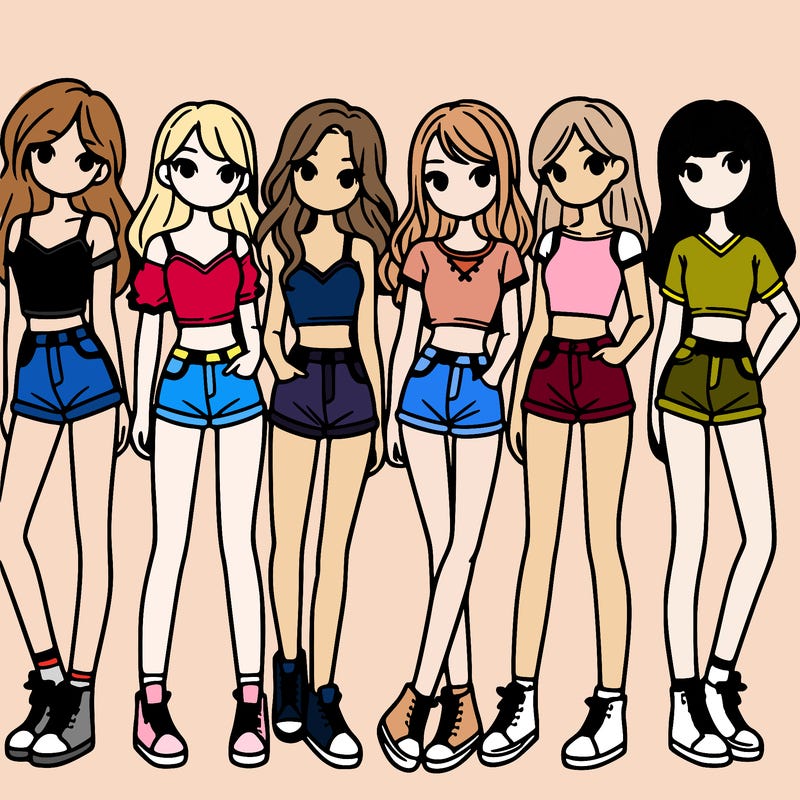 a group of girls wearing crop tops and shorts
