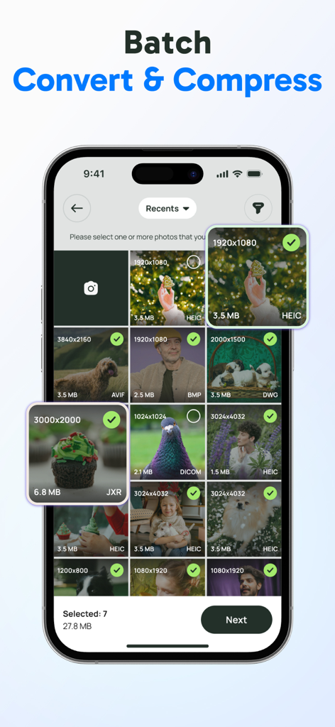 複数の画像をバッチ変換・圧縮するために選択するモバイルアプリのインターフェース