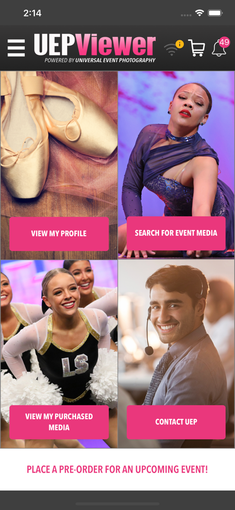 Main screen of the UEPViewer app displaying tiles for profile management, event media search, purchased media viewing, and customer support.