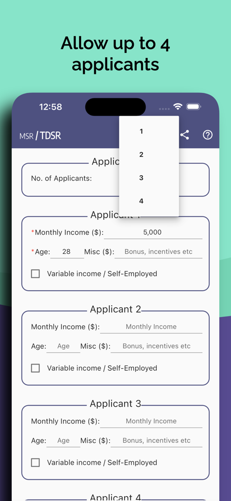 MSR / TDSR @ SG - Mortgage calculator interface for adding multiple applicants in the MSR TDSR SG app