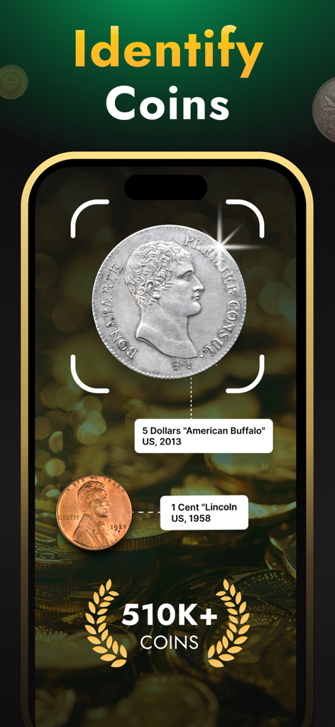 Coin Identifier: Value Checker - Mobile app interface identifying rare coins using camera scanner with value and year information
