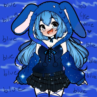 pretty anime girl wearing a fluffy hoodie with bunny ears on the hood and a skirt