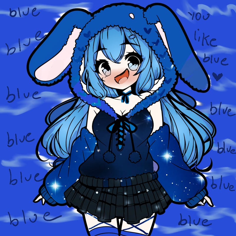 pretty anime girl wearing a fluffy hoodie with bunny ears on the hood and a skirt