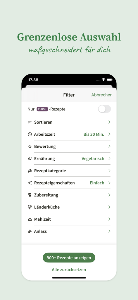 Chefkoch – Rezepte & Kochen - Interface de l'application Chefkoch avec des filtres de recettes pour le temps de cuisson et les préférences alimentaires