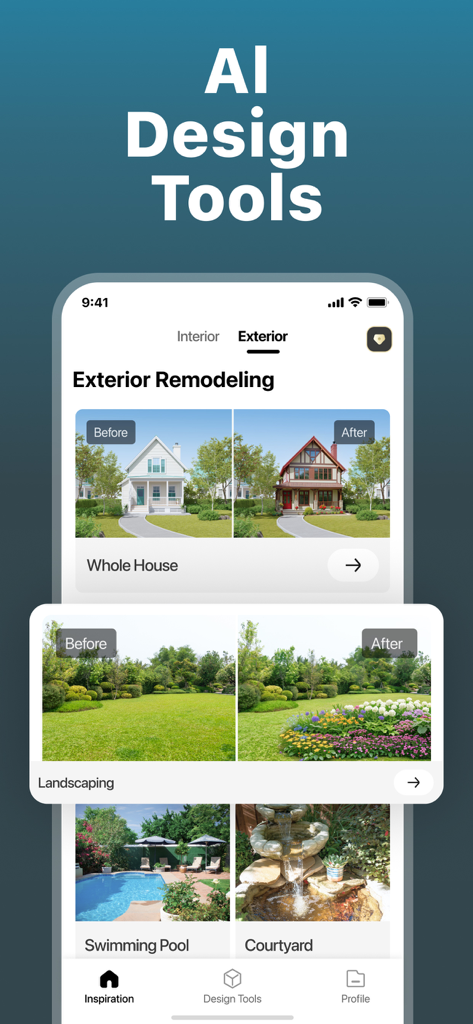 Deko: AI Home Design & Remodel - AI design tools for exterior remodeling and landscaping with before and after comparisons