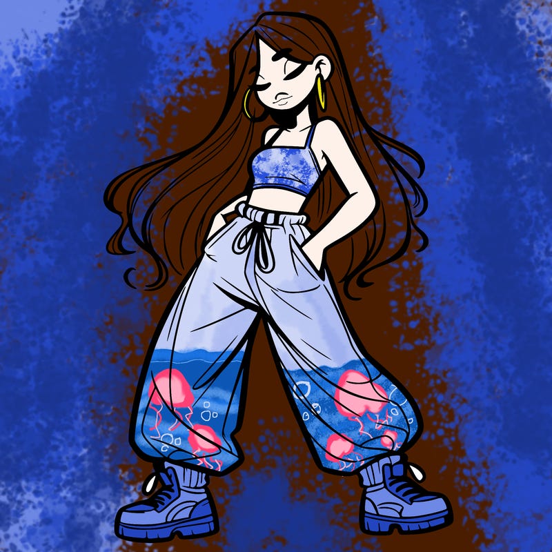 girl in baggy pants crop top and long hair