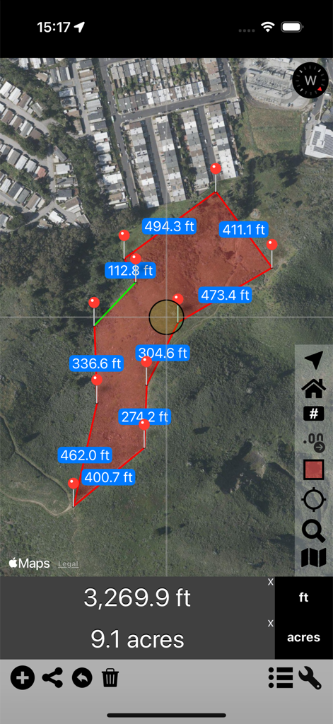 Satellite map view of Area and Distance app calculating a 9.1 acre property plot