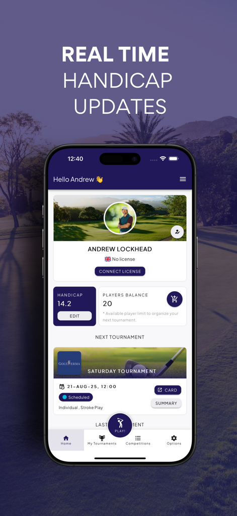 Golf Directo: Live Scoring - Pantalla de perfil de usuario de la aplicación Golf Directo mostrando actualizaciones de hándicap en tiempo real y torneos programados