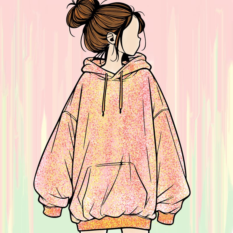 realistic girl with a oversized sweatshirt on and a bun