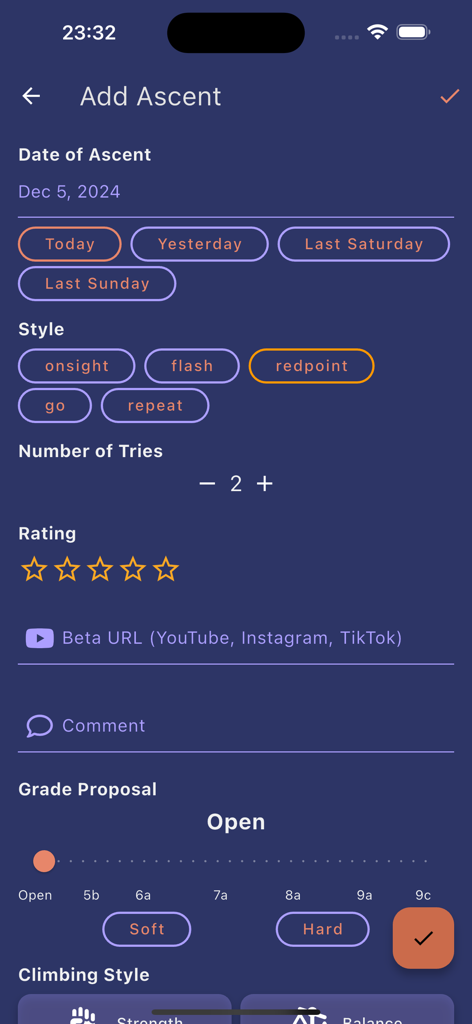 Interface of the Just Climb app for logging a climbing ascent including date style grade and number of tries