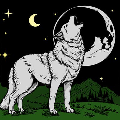 realistic wolf howling at the moon