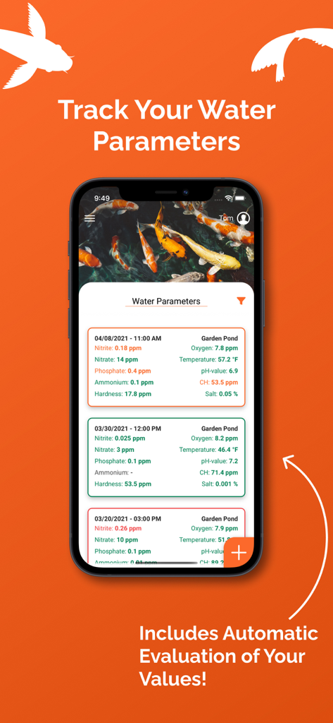 KoiControl app interface showing water parameter tracking and evaluation for pond management