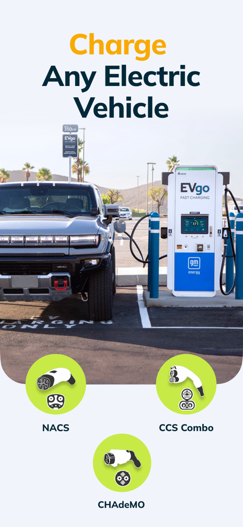 EVgo - Find a Fast EV Charger - An electric truck charging at an EVgo station showcasing NACS CCS Combo and CHAdeMO connector support for any electric vehicle