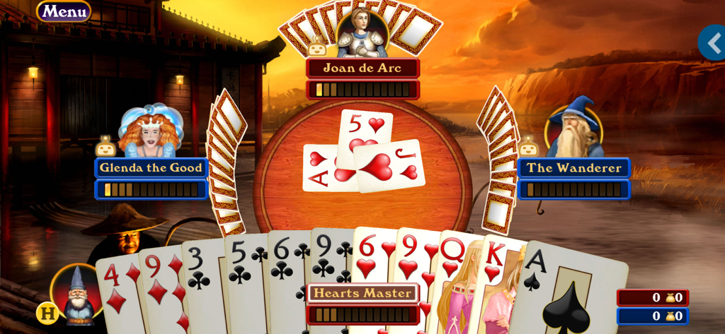 Hardwood Spades Pro - Online multiplayer Spades card game interface with fantasy avatars and scenic sunset backdrop