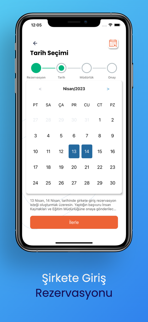 Biz Bize app date selection screen for company office reservations