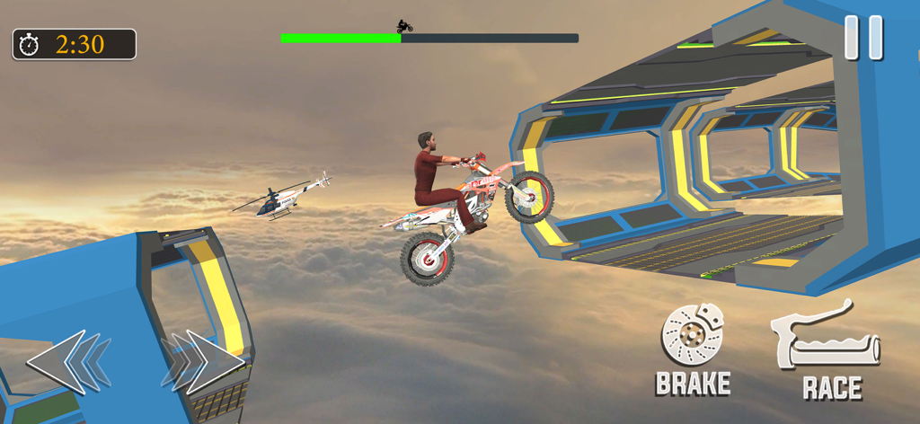 Um piloto de moto realizando uma acrobacia extrema no ar sobre as nuvens em um jogo de corrida baseado em física.