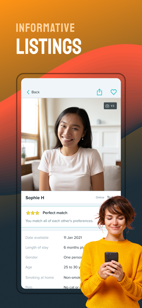 Flatmate Finders - A woman using the Flatmate Finders app to view an informative listing and profile for a perfect match