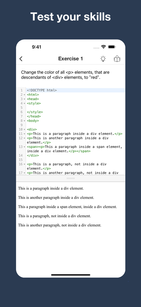 CSS editor, snippets, exercise - Reference App | MWM