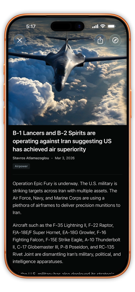 Sandboxx News - Sandboxx News mobile app interface showing a defense analysis article about US airpower