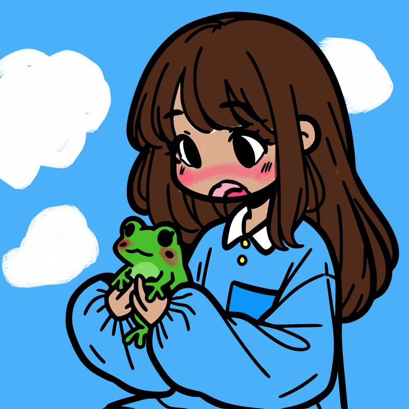 girl with long hair and a oversized shirt. and she is holding a frog