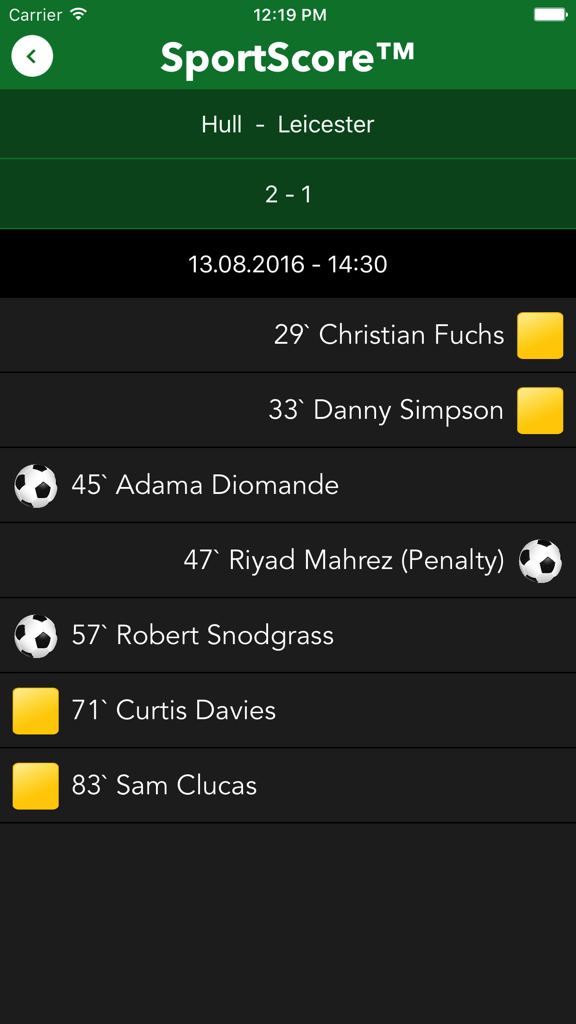 Sport Score App - L'application Sport Score affichant un résumé de match de football avec scores, buts et cartons jaunes