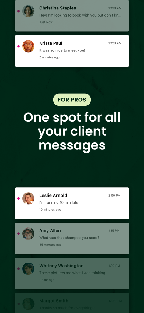 Uma tela do aplicativo StyleSeat para profissionais de beleza mostrando um centro centralizado para todas as mensagens de clientes e consultas de agendamento.