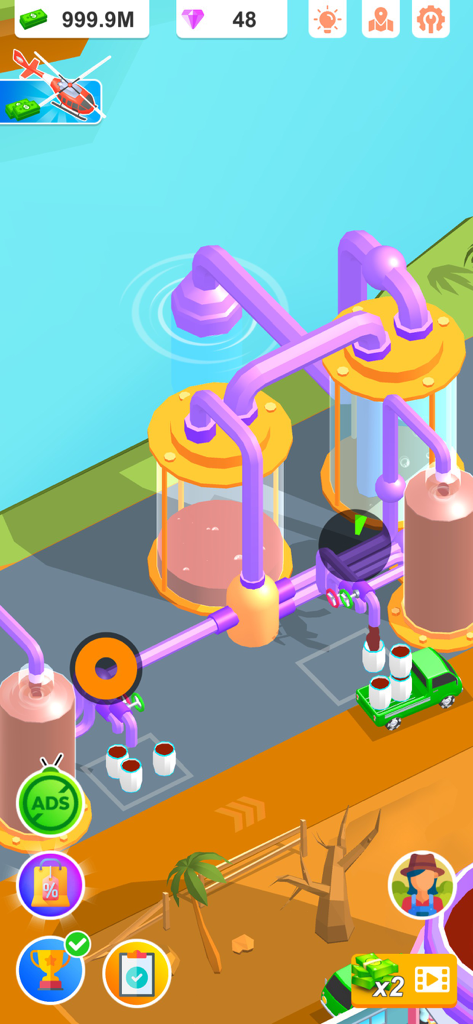 Idle Beverage Empire - Vue isométrique d'une chaîne de production de sodas dans Idle Beverage Empire, comprenant des réservoirs de stockage, des tuyaux violets et un camion de livraison.