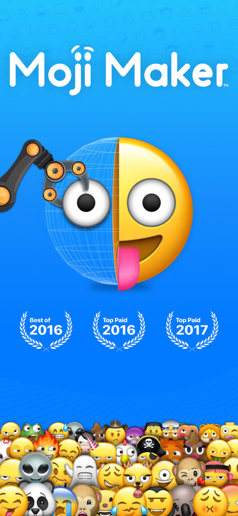 Moji Maker™ | Emoji Messenger - Moji Maker app promotional screen showing award badges and various custom emoji designs