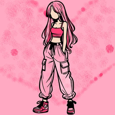 girl in baggy pants crop top and long hair