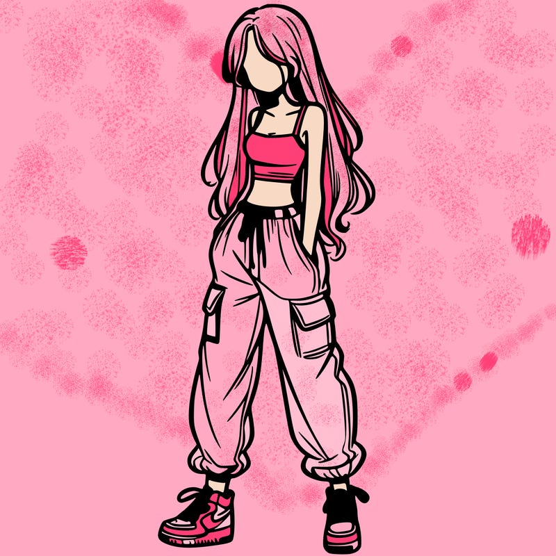 girl in baggy pants crop top and long hair