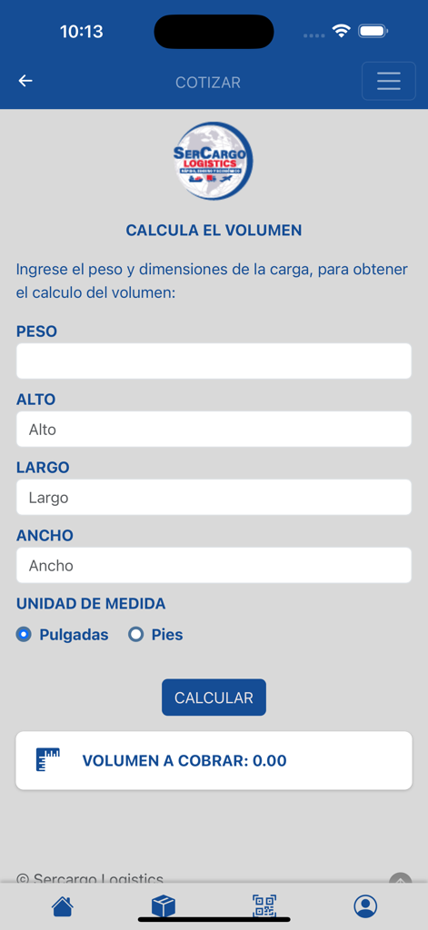 SerCargo Logistics - A shipping volume calculator in the SerCargo Logistics mobile application.