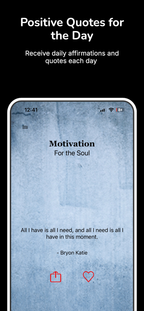 Quote of the Day: Daily Wisdom - 青い背景にバイロン・ケイティのモチベーション引用を表示する「今日の名言」アプリのインターフェース。