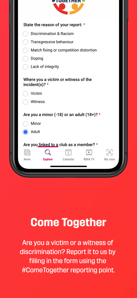 Mobile screen of the RBFA app showing the Come Together incident reporting form