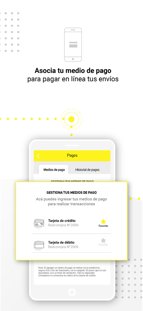 Chilexpress - Interfaz de la aplicación Chilexpress para gestionar métodos de pago con tarjetas de crédito y débito.