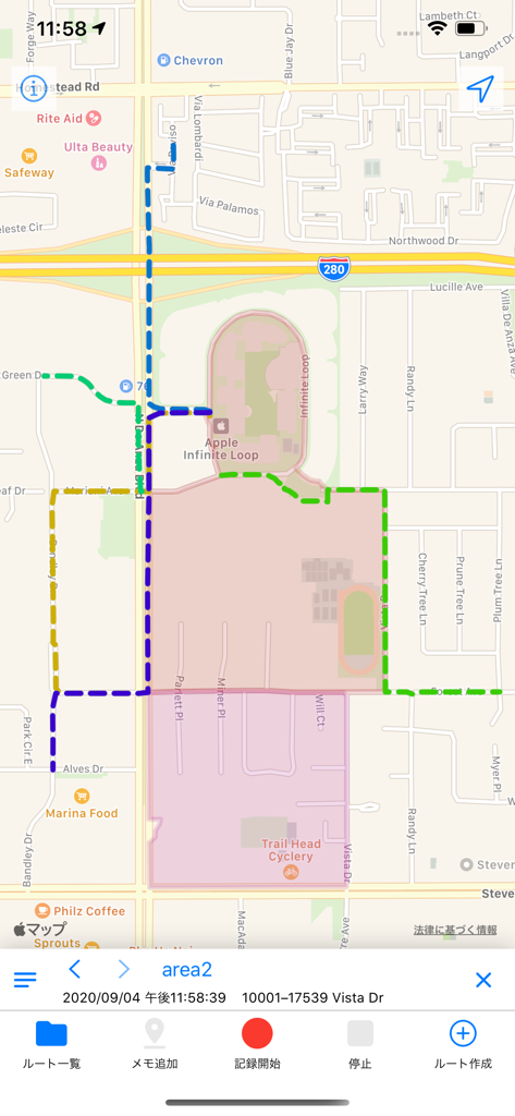RouteNote app interface with multiple colored route logs and a highlighted area on a map.