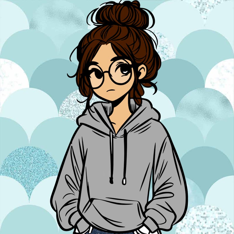 teen girl with a messy bun and glasses wearing a loose hoodie and jeans