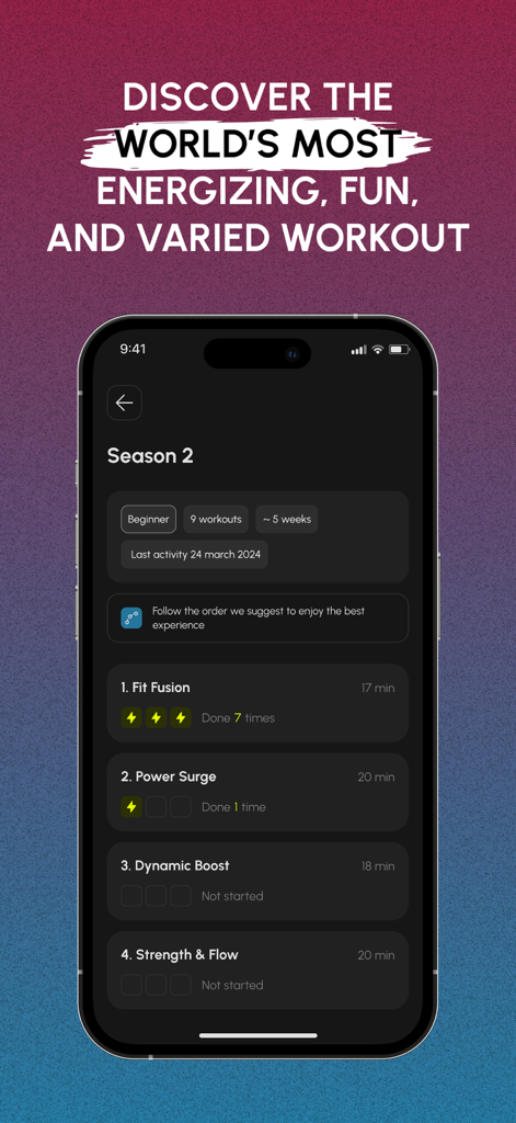 HIIT the Beat - The HIIT the Beat app screen displaying Season 2 beginner workouts like Fit Fusion and Power Surge on a dark interface.