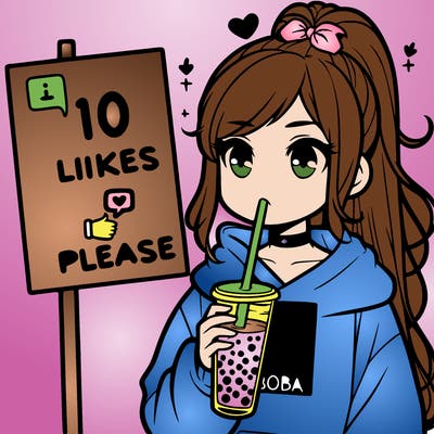 girl with a high ponytail and a hoodie drinking boba staring at a sign saying 10 likes please