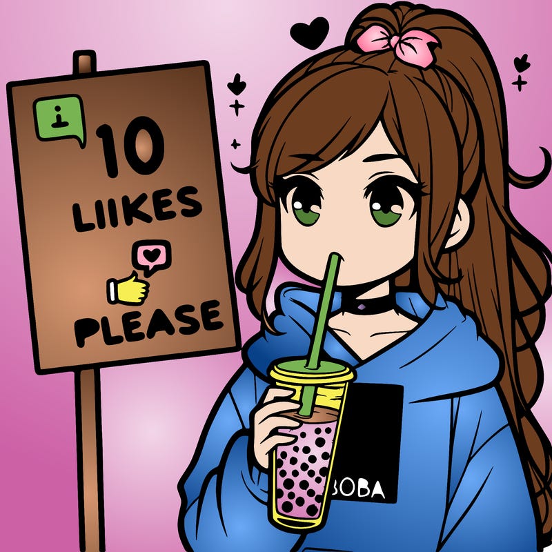 girl with a high ponytail and a hoodie drinking boba staring at a sign saying 10 likes please