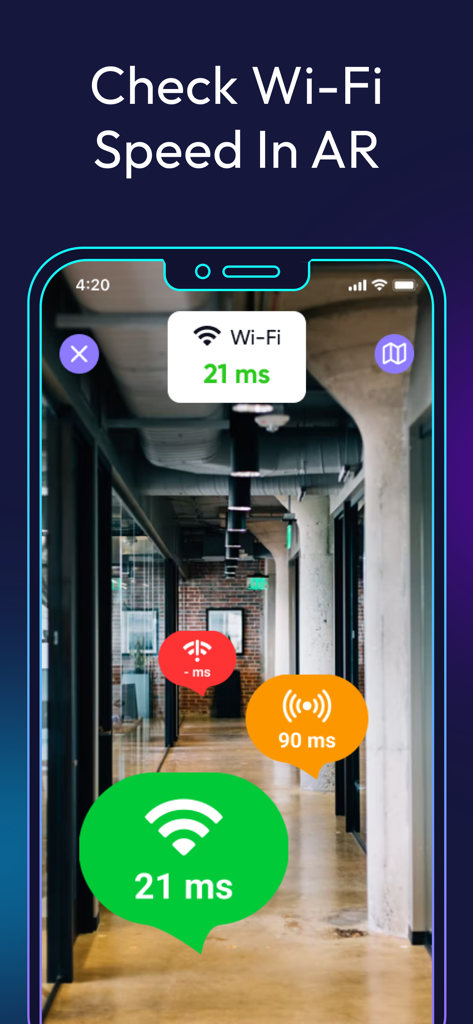 Pantalla de smartphone mostrando la intensidad de la señal WiFi y marcadores de latencia en modo de realidad aumentada dentro de un pasillo de oficina