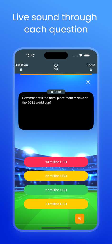 World Football Quizizz - Interfaz de la aplicación móvil Quizizz de Fútbol Mundial que muestra una pregunta de trivia de opción múltiple sobre el premio en efectivo de la Copa del Mundo de 2022 sobre un fondo de estadio.