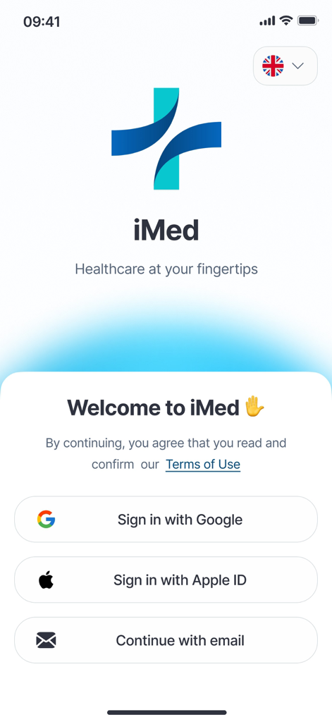 iMed: Healthcare at Home - Welcome screen for the iMed Healthcare at Home app with sign-in options for Google, Apple ID, and email.