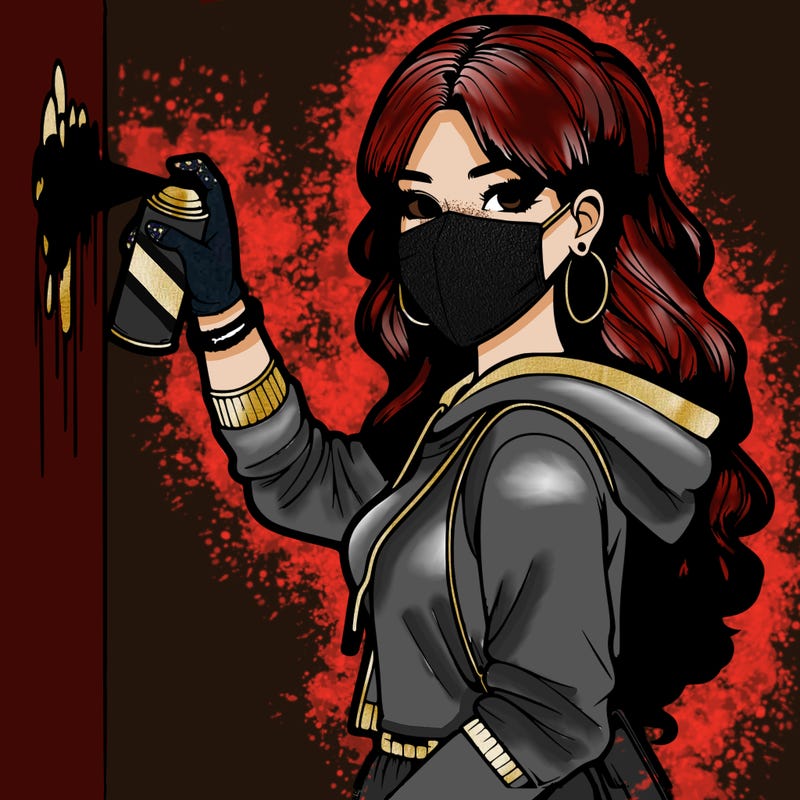 realistic girl with mask spray painting a wall