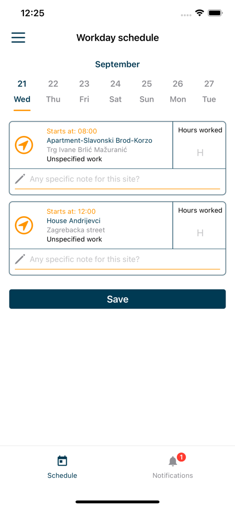 STAS Organizer - Interfaccia del programma della giornata lavorativa nell'app STAS Organizer che mostra gli incarichi del cantiere giornalieri e le ore lavorate