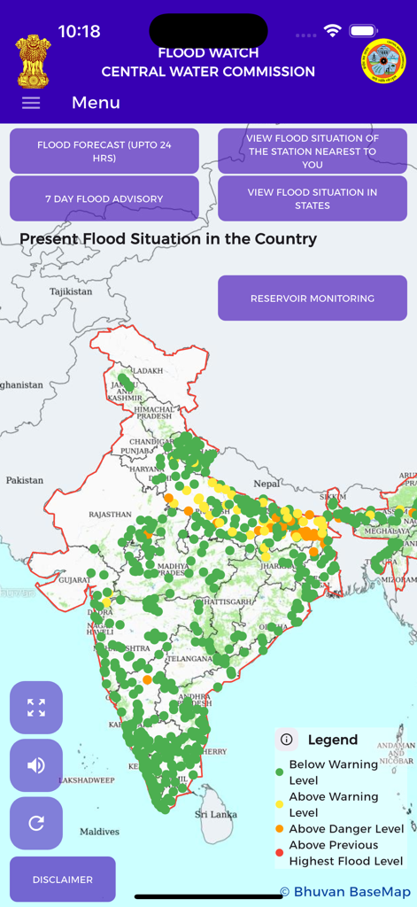 Interactive map of India showing real-time flood status with color-coded alerts on the FloodWatch India official app