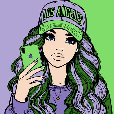 realistic beautiful girl wearing los ángeles cap holding an iphone