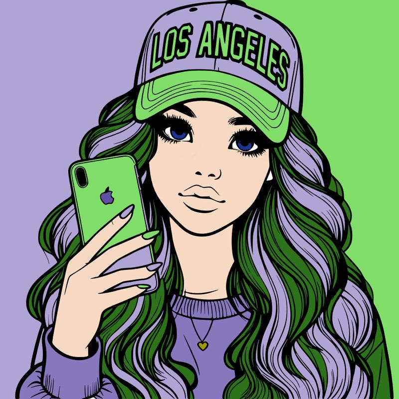realistic beautiful girl wearing los ángeles cap holding an iphone