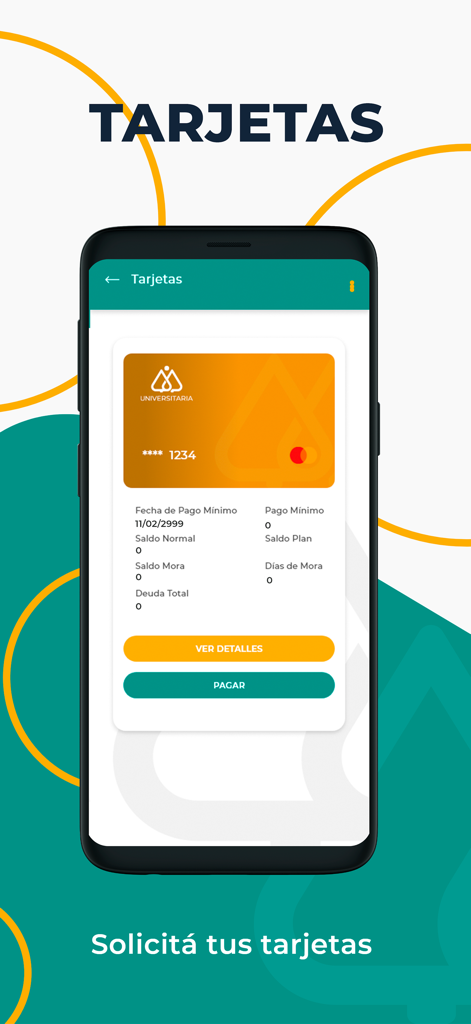 universitaria - Pantalla de teléfono móvil mostrando detalles de tarjetas de crédito y opciones de pago en la app financiera Universitaria